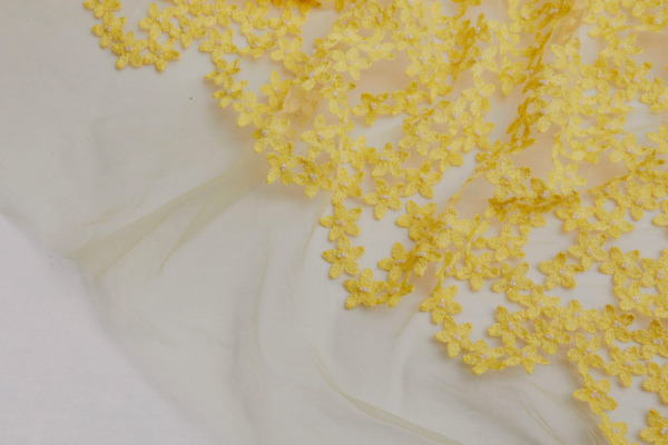 Beaded and Embroidered Flowers on Tulle - Yellow fabric