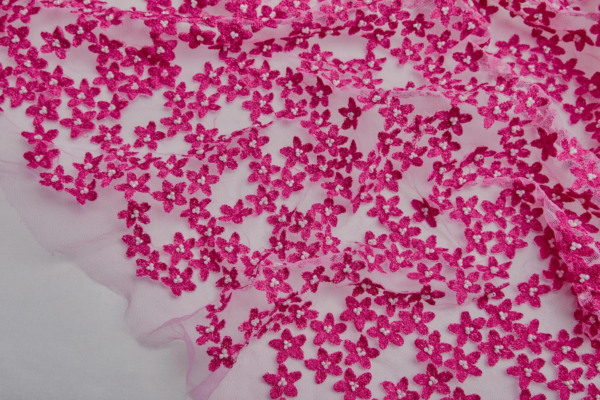Beaded and Embroidered Flowers on Tulle - Magenta fabric