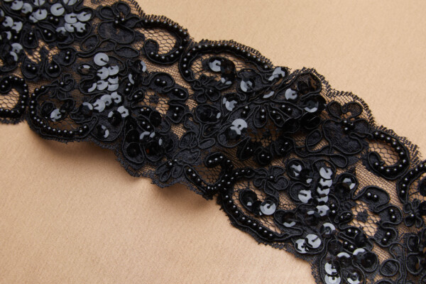 Beaded Corded Leavers Lace in Black
