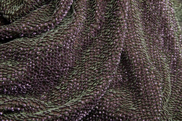 "Two Tone" Overlapping Edge Coloured Sequin On Silk Chiffon - Plum/Olive fabric