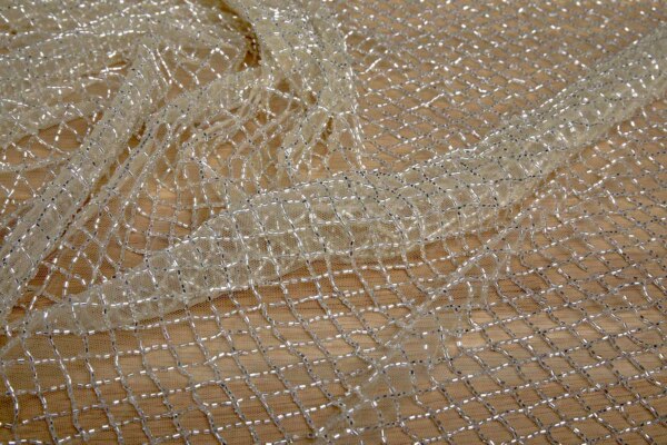 Beaded Fishnet Design on Tulle - Silver fabric