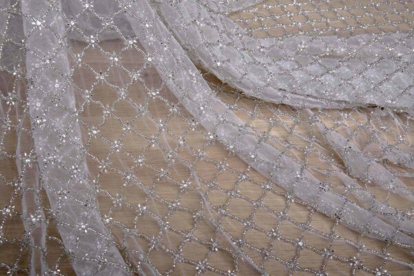Beaded Large Fishnet Design on Tulle - Silver fabric