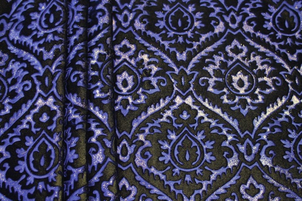 Embossed Viscose Velvet - Royal Blue on Yellow and Gold Foil fabric