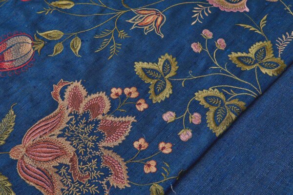 Marine Textured Raw Silk with Floral Embroidery