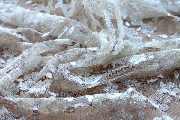 Glitter Flowers on Tulle - Ivory fabric