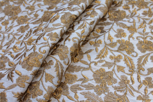 Gold Metallic Floral Embroidery on Off White Dupion fabric