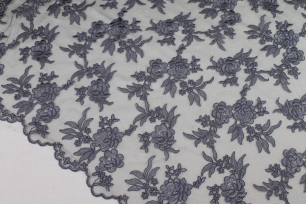 Corded Embroidered Floral Tulle - Mid Grey - Double Scallop fabric