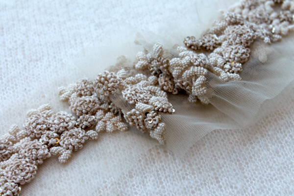 Embroidered Flowers and Micro Seed Beads Trim - Cream/Ecru