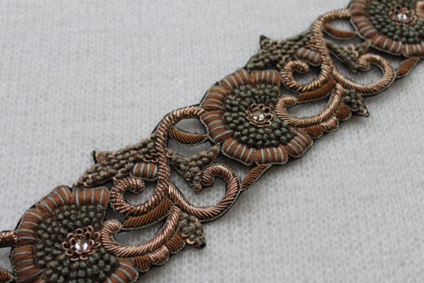 Zari Work Metallic Trim - Floral Gold, Copper & Brown