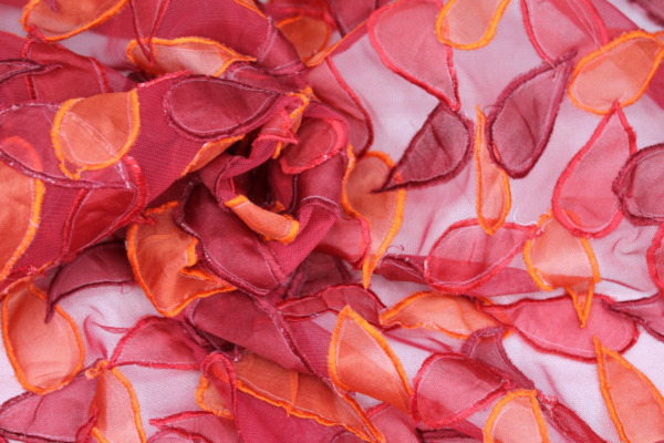 Organza Teardrop Applique on Tulle - Red / Orange fabric