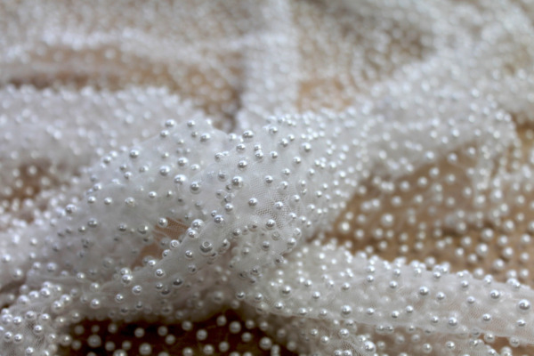 Ivory Pearls on Ivory Nylon Tulle fabric
