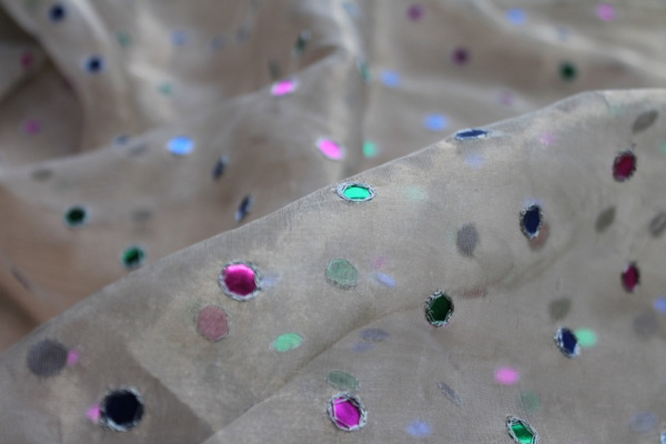 Silk Metal Organza - Silver with Multi Coloured Mirrors fabric