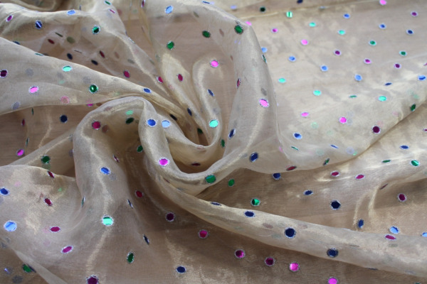 Silk Metal Organza - Gold with Multi Coloured Mirrors fabric