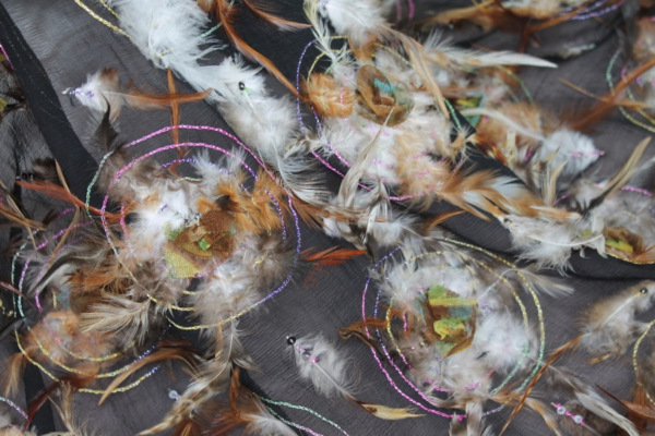 Brown Feathers in Circle Embroidery on Silk Chiffon fabric