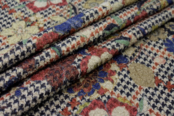 Floral Houndstooth Printed Loop-back Fleece - Camel fabric