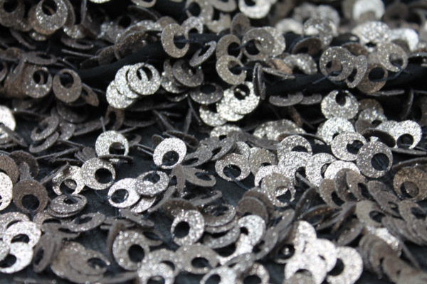 Textured Gold Donut Sequin On Black Silk Chiffon fabric