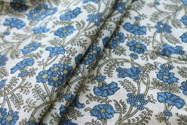 Printed Cotton Lawn - Blue and Khaki Floral on Pale Yellow fabric