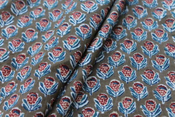 Printed Cotton Lawn - Dark Red, White and Blue on Mushroom Brown fabric