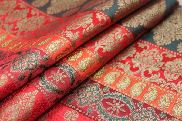 Banaras Brocade - Stripe Paisley in Reds, Pinks and Dark Green fabric