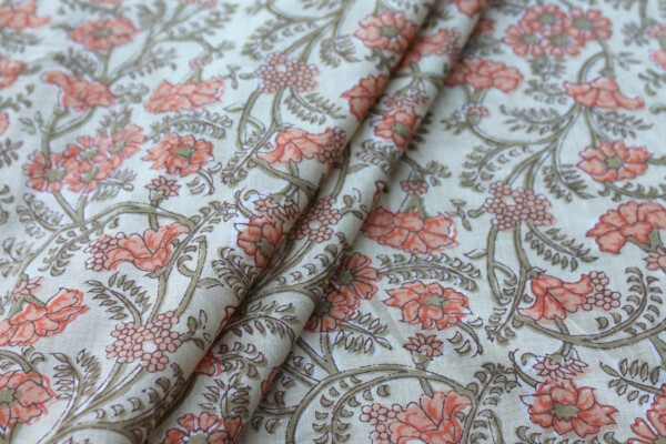 Printed Cotton Lawn - Orange and Khaki on Pale Yellow fabric