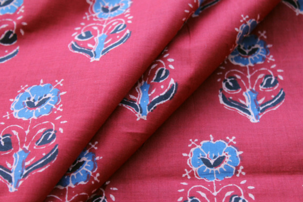 Printed Cotton Lawn - Blue, Navy and Beige on Dark Red fabric