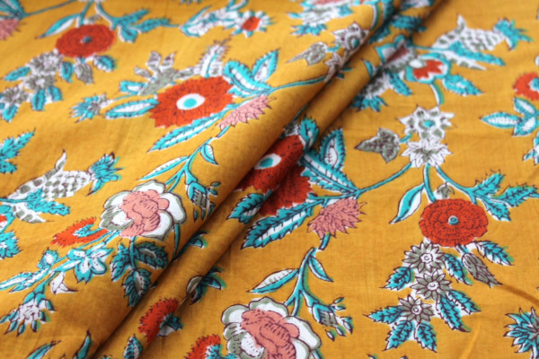 Printed Cotton Lawn - Orange, Khaki, Teal and Off White Floral on Saffron Yellow fabric