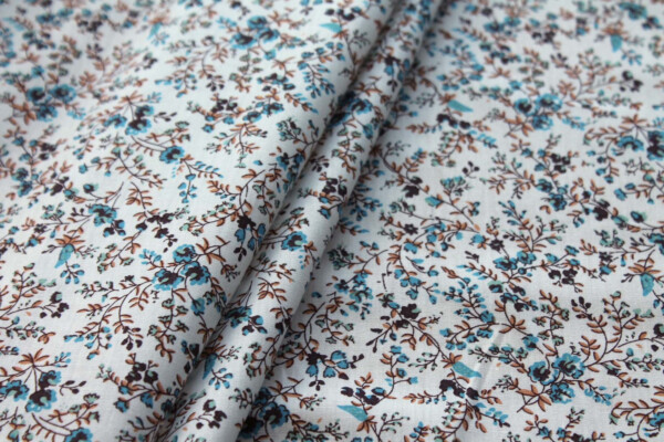 Printed Cotton Lawn - Plum, Tan and Blue on Off White fabric