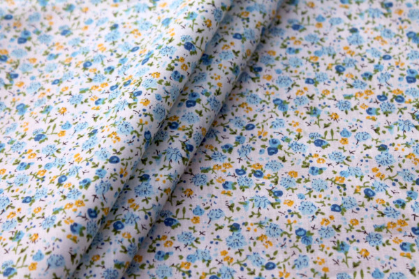 Printed Cotton Lawn - Yellow, Green, Dark and Pale Blue on Off White fabric