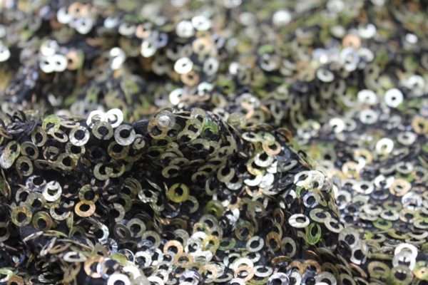 Green, Gold and Bronze Donut Sequin On Black Silk Chiffon fabric