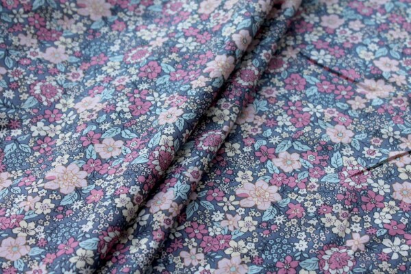 Printed Cotton Lawn - Pink and Blue on Grey fabric