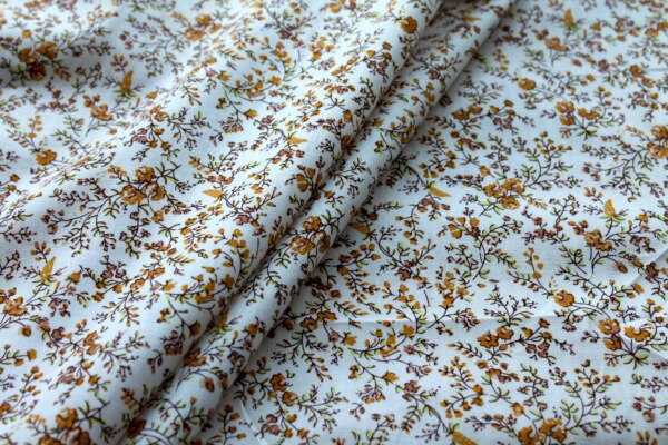 Printed Cotton Lawn - Orange, Tan and Green on Off White fabric