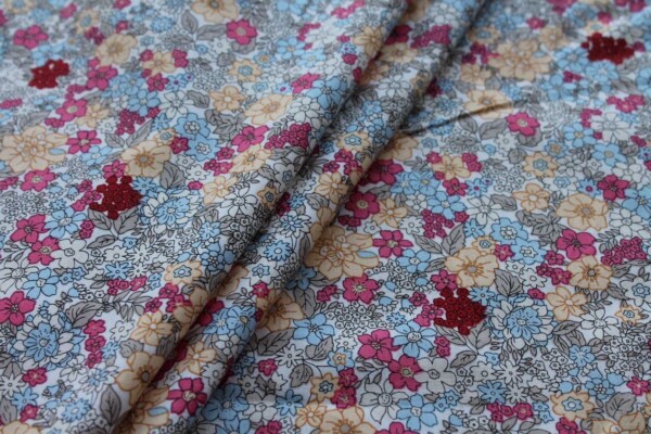 Printed Cotton Lawn - Yellow, Pink and Pale Blue on Off White fabric