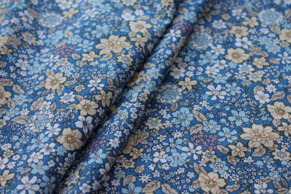 Printed Cotton Lawn - Yellow, White and Pale Blue on Mid Blue fabric