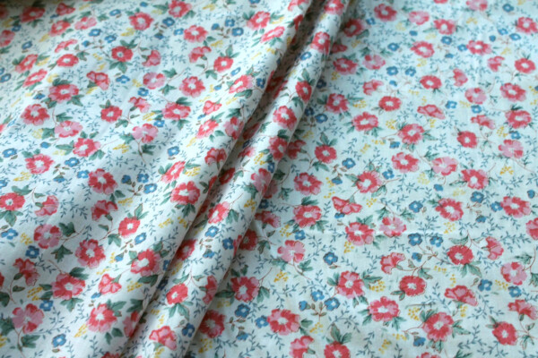 Printed Cotton Lawn - Yellow, Coral and Blue on Off White fabric