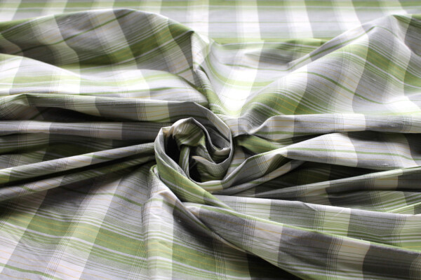 Tartan Check Silk Dupion - Cream, Green and Grey fabric