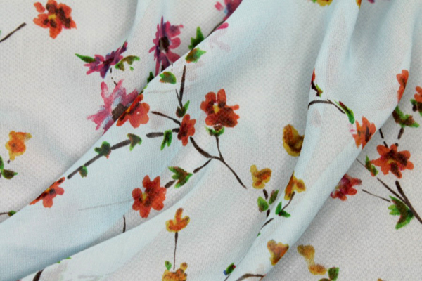 Floral Printed Silk Chiffon - Multi Colour on Pale Blue and Yellow fabric