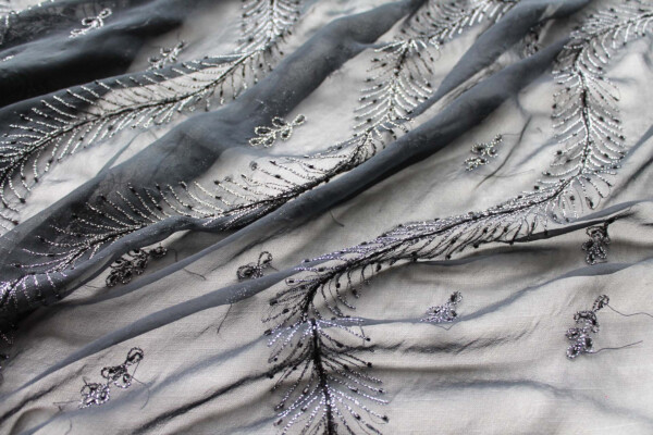 Black Chiffon with Black and Silver Embroidery and Black Beads fabric