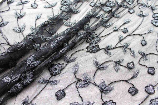 Black Floral Tulle with Silver Floral Embroidery fabric