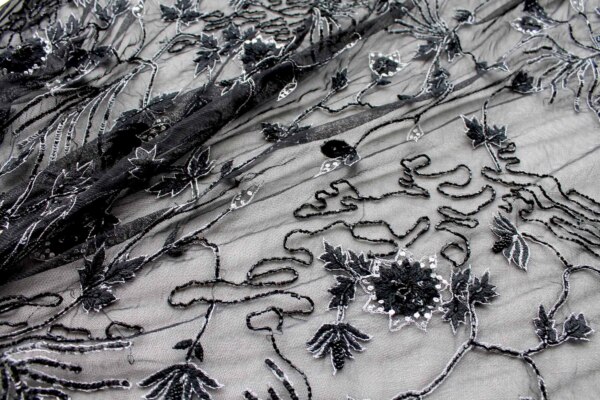 Black Floral Embroidered Tulle with Sequins and Beading fabric