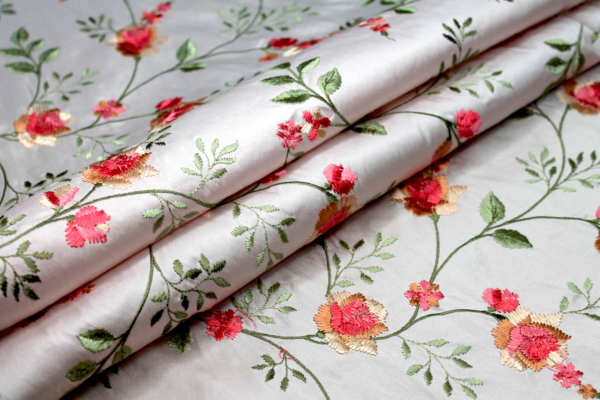 Embroidered Dupion - Pink and Peach Roses on Pale Pink fabric