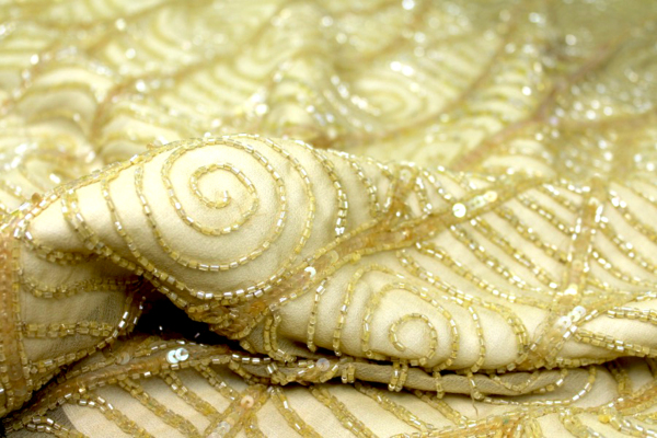 Mustard Yellow Chiffon with Iridescent Bugle Beads Sequins fabric