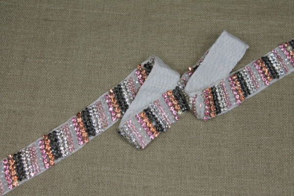Beaded Diamanté Grosgrain Ribbon in Pink Gold Charcoal and Silver trim