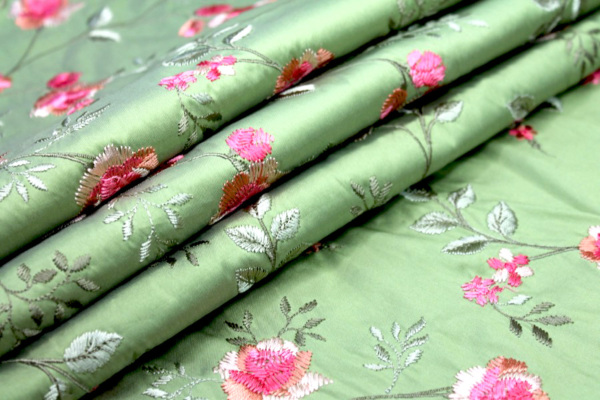 Embroidered Dupion - Pink Roses on Apple Green fabric