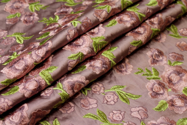 Embroidered Dupion - Pink and Mauve Roses on Mauve fabric