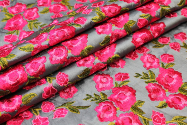 Embroidered Dupion - Bright Pink Roses on Grey Blue fabric