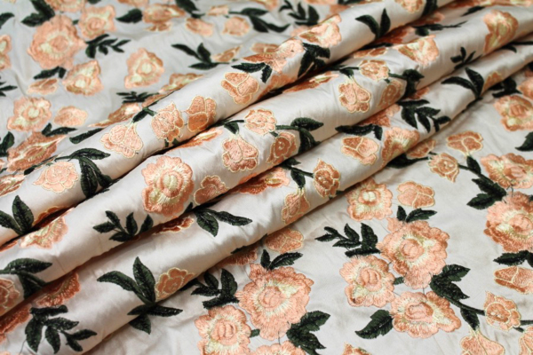 Embroidered Dupion - Pale Pink Roses on Blush Pink fabric