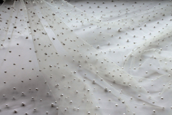 Small Ivory Pearls on Ivory Nylon Tulle fabric