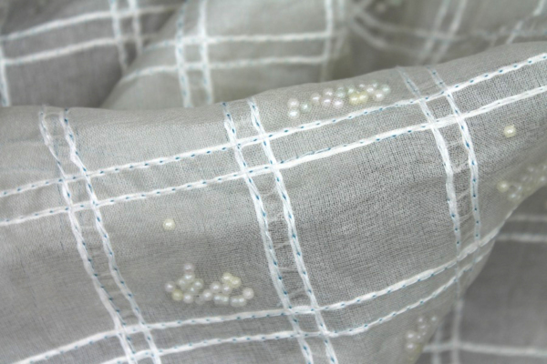 Pastel Beads Sandwiched in Silk Organza - Ivory fabric
