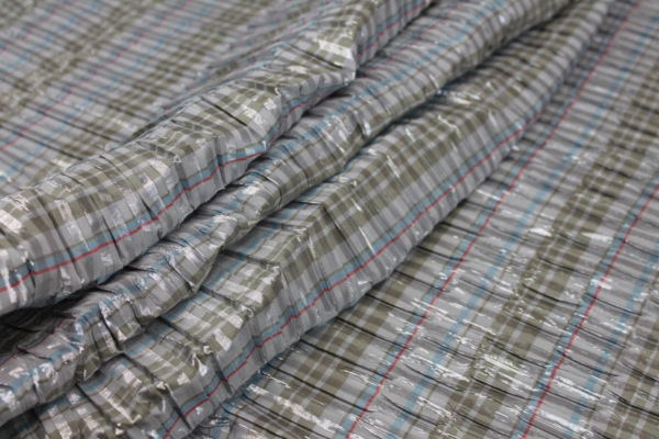 Seersucker Style Lurex Taffeta - Grey, Sage, Blue and Coral Stripe fabric