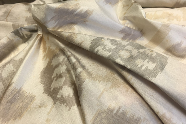 Ikat Patterned Silk Dupion - Ivory, Tan and Grey fabric